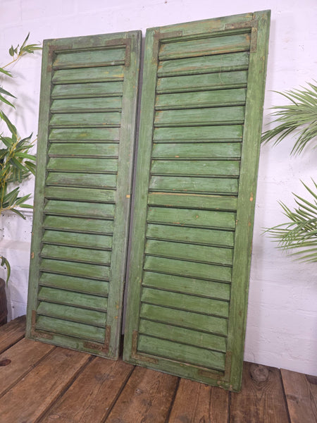 Vintage Antique Pair Rustic Green French Louvered Pine Wooden Window Shutters