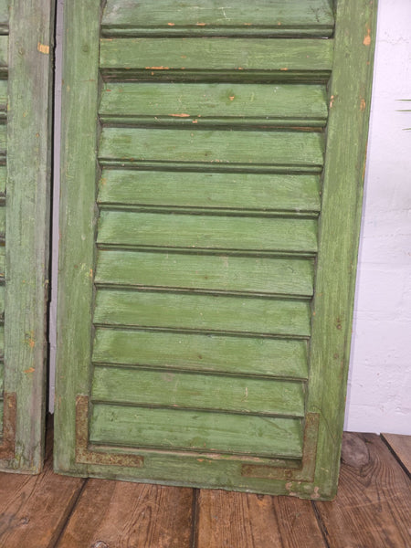 Vintage Antique Pair Rustic Green French Louvered Pine Wooden Window Shutters