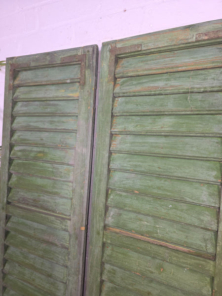 Vintage Antique Pair Rustic Green French Louvered Pine Wooden Window Shutters