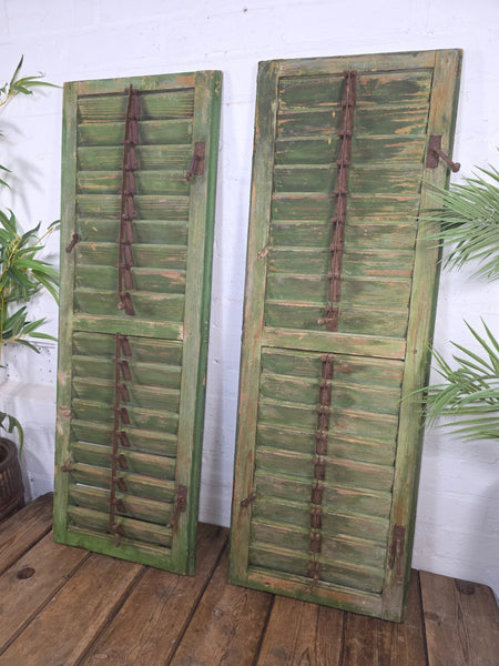 Vintage Antique Pair Rustic Green French Louvered Pine Wooden Window Shutters