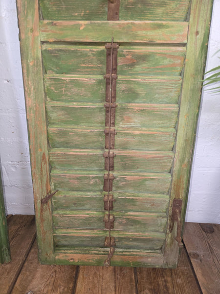 Vintage Antique Pair Rustic Green French Louvered Pine Wooden Window Shutters