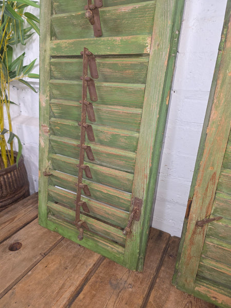 Vintage Antique Pair Rustic Green French Louvered Pine Wooden Window Shutters