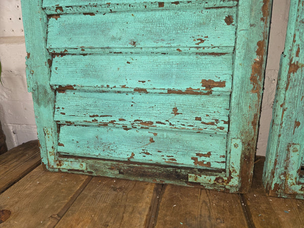 Vintage Antique Pair Rustic Green French Louvered Pine Wooden Window Shutters