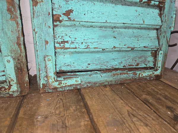 Vintage Antique Pair Rustic Green French Louvered Pine Wooden Window Shutters