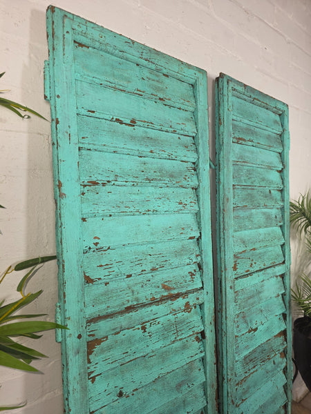 Vintage Antique Pair Rustic Green French Louvered Pine Wooden Window Shutters