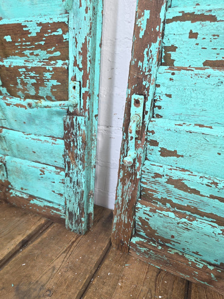 Vintage Antique Pair Rustic Green French Louvered Pine Wooden Window Shutters