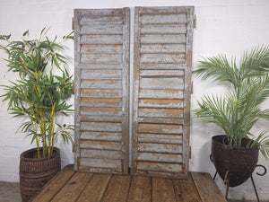 Vintage Antique Pair Rustic Grey French Louvered Pine Wooden Window Shutters