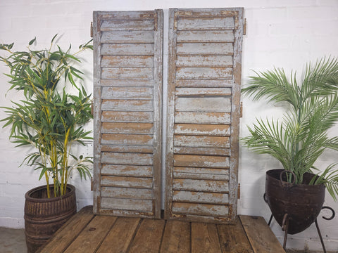 Vintage Antique Pair Rustic Grey French Louvered Pine Wooden Window Shutters