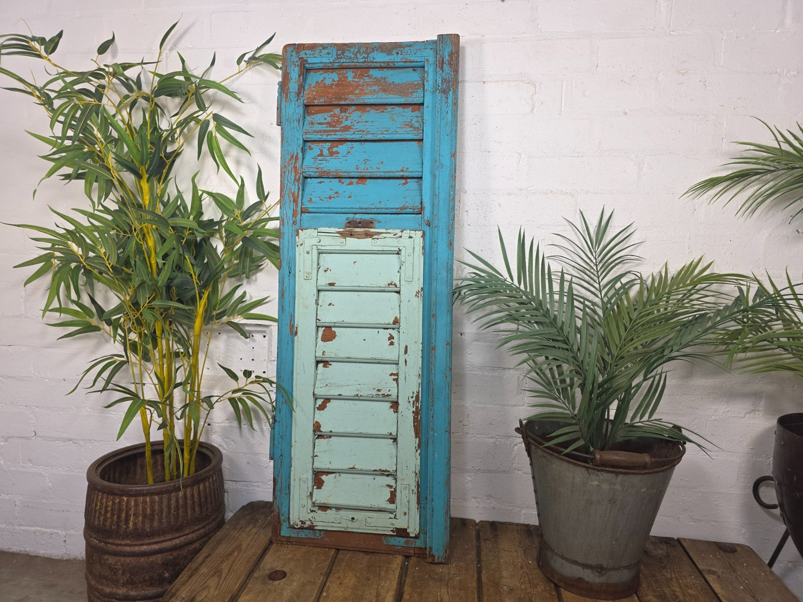 Vintage Antique Single Rustic Blue French Louvered Pine Wooden Window Shutters