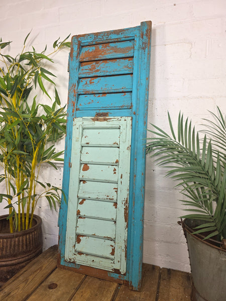 Vintage Antique Single Rustic Blue French Louvered Pine Wooden Window Shutters