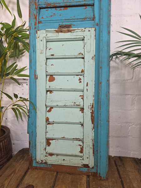 Vintage Antique Single Rustic Blue French Louvered Pine Wooden Window Shutters