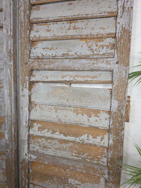 Vintage Antique Pair Rustic Grey French Louvered Pine Wooden Window Shutters