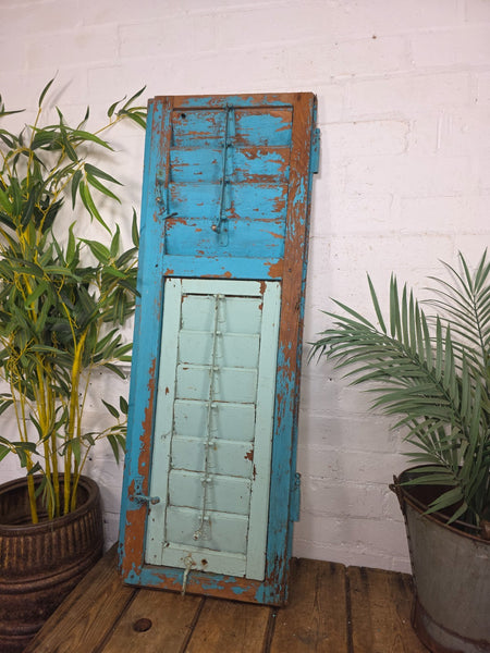 Vintage Antique Single Rustic Blue French Louvered Pine Wooden Window Shutters