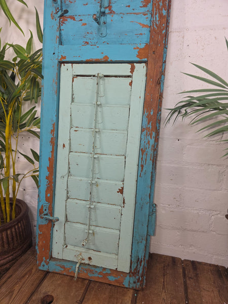 Vintage Antique Single Rustic Blue French Louvered Pine Wooden Window Shutters