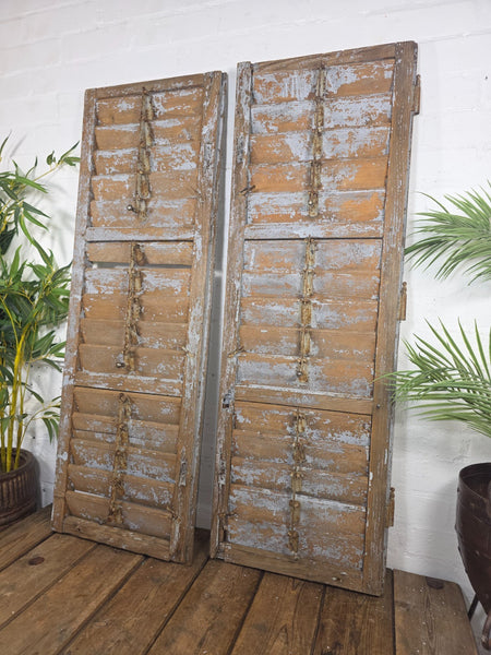 Vintage Antique Pair Rustic Grey French Louvered Pine Wooden Window Shutters