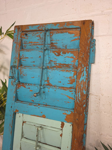Vintage Antique Single Rustic Blue French Louvered Pine Wooden Window Shutters