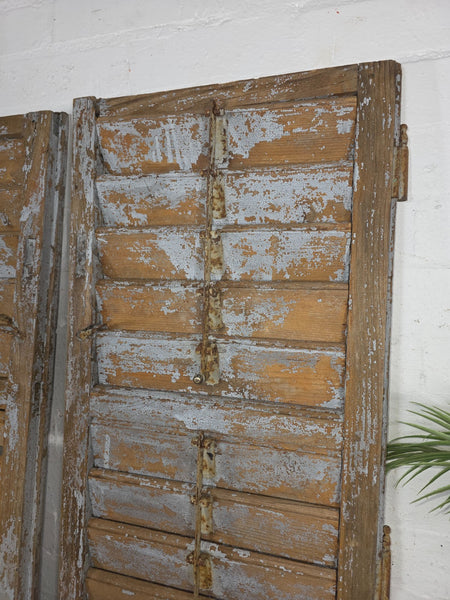 Vintage Antique Pair Rustic Grey French Louvered Pine Wooden Window Shutters