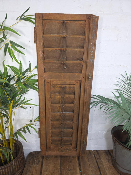 Vintage Antique Single Rustic Brown French Louvered Pine Wooden Window Shutters