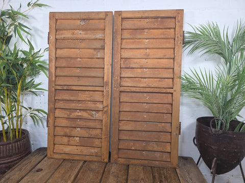 Vintage Antique Pair Rustic Brown French Louvered Pine Wooden Window Shutters