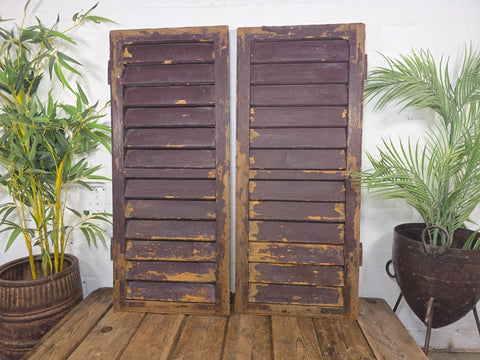 Vintage Antique Pair Rustic Brown French Louvered Pine Wooden Window Shutters
