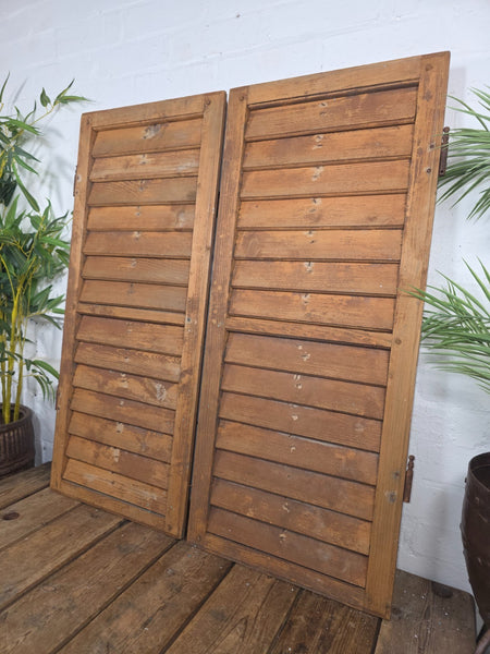 Vintage Antique Pair Rustic Brown French Louvered Pine Wooden Window Shutters