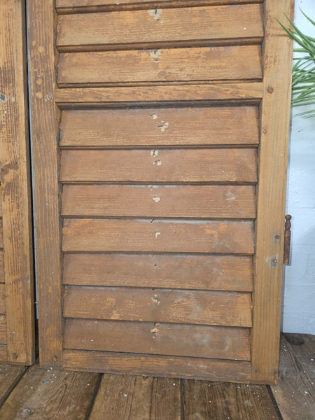 Vintage Antique Pair Rustic Brown French Louvered Pine Wooden Window Shutters