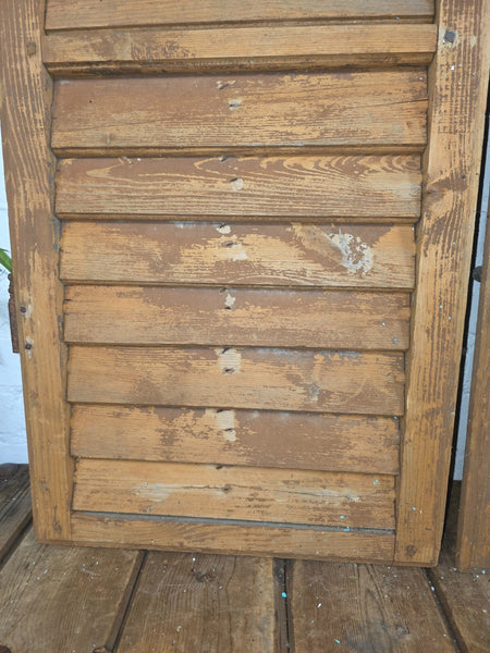 Vintage Antique Pair Rustic Brown French Louvered Pine Wooden Window Shutters