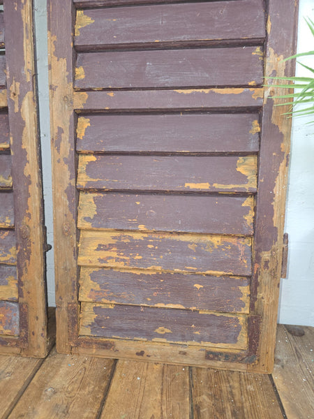 Vintage Antique Pair Rustic Brown French Louvered Pine Wooden Window Shutters