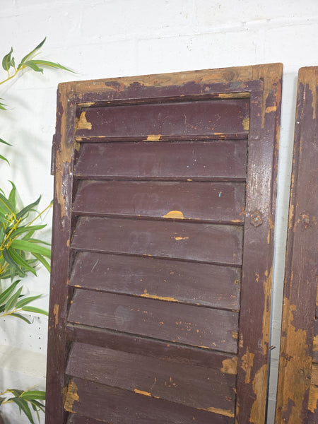 Vintage Antique Pair Rustic Brown French Louvered Pine Wooden Window Shutters