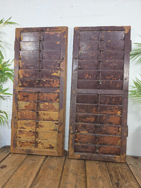 Vintage Antique Pair Rustic Brown French Louvered Pine Wooden Window Shutters