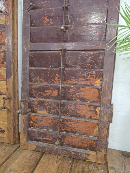 Vintage Antique Pair Rustic Brown French Louvered Pine Wooden Window Shutters
