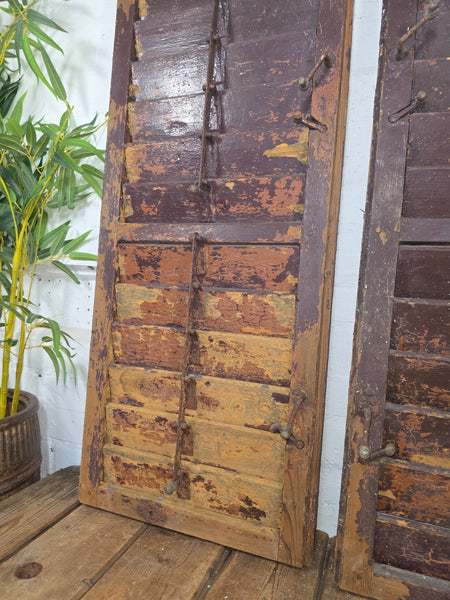 Vintage Antique Pair Rustic Brown French Louvered Pine Wooden Window Shutters