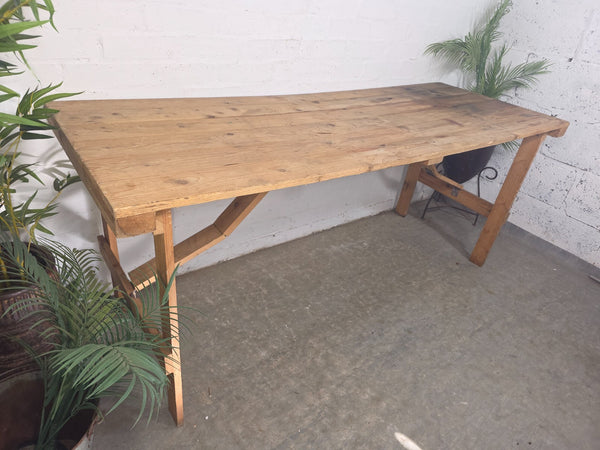 Vintage Rustic Military Pine Wooden Folding Trestle Dining Table Desk