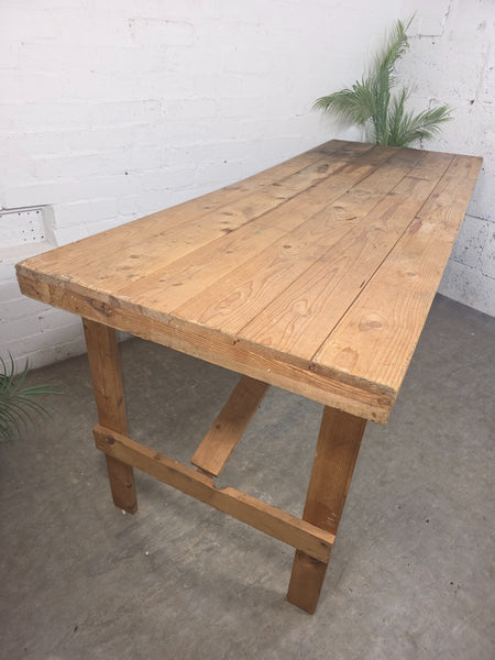Vintage Rustic Military Pine Wooden Folding Trestle Dining Table Desk