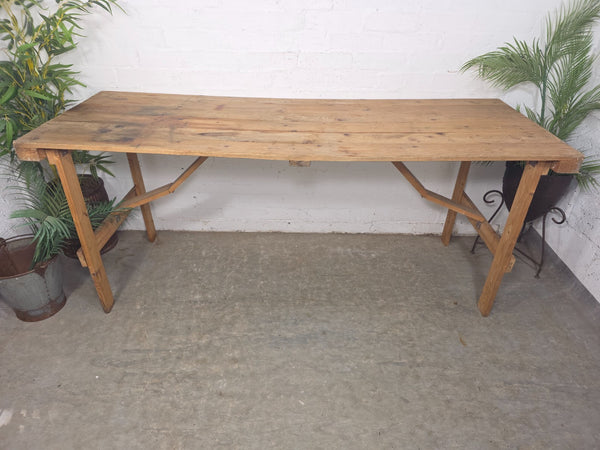 Vintage Rustic Military Pine Wooden Folding Trestle Dining Table Desk