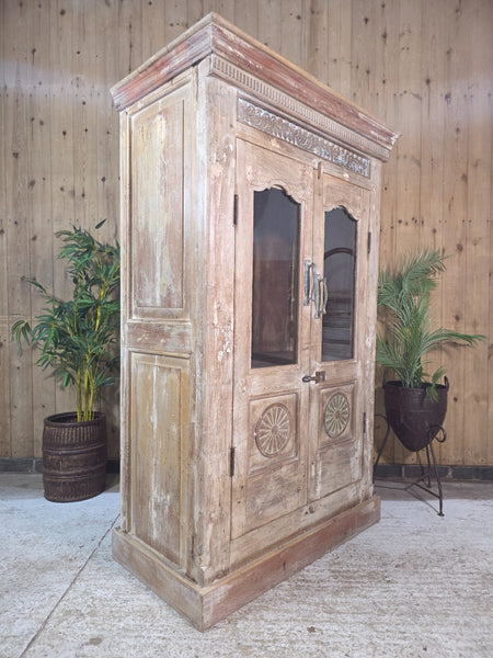 Vintage Reclaimed Hand Carved Indian Wooden Display Drinks Cabinet Cupboard