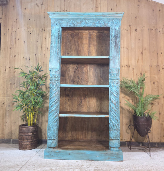 Large Vintage Reclaimed Hand Carved Indian Solid Wooden Bookcase Shelving Unit