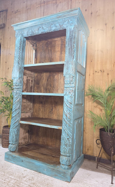 Large Vintage Reclaimed Hand Carved Indian Solid Wooden Bookcase Shelving Unit