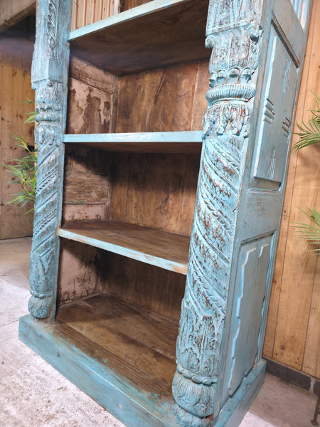 Large Vintage Reclaimed Hand Carved Indian Solid Wooden Bookcase Shelving Unit