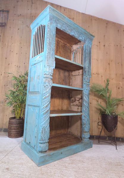 Large Vintage Reclaimed Hand Carved Indian Solid Wooden Bookcase Shelving Unit