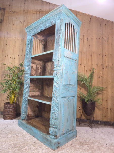 Large Vintage Reclaimed Hand Carved Indian Solid Wooden Bookcase Shelving Unit