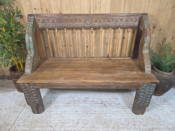 Vintage Reclaimed Indian Hand Carved  Solid Wooden Bench Seat
