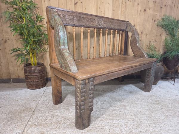 Vintage Reclaimed Indian Hand Carved  Solid Wooden Bench Seat