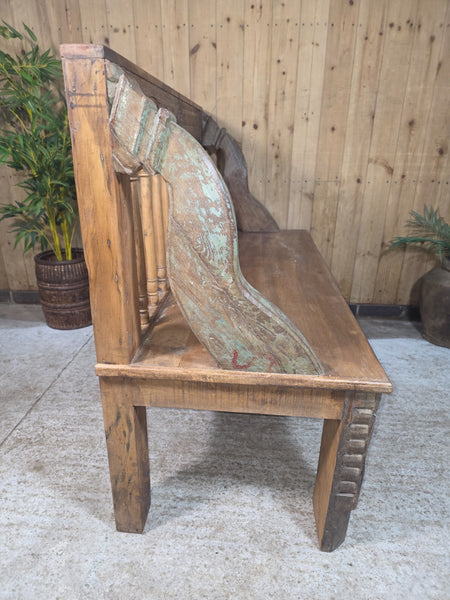 Vintage Reclaimed Indian Hand Carved  Solid Wooden Bench Seat