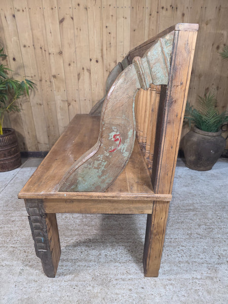 Vintage Reclaimed Indian Hand Carved  Solid Wooden Bench Seat