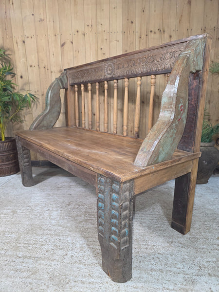 Vintage Reclaimed Indian Hand Carved  Solid Wooden Bench Seat
