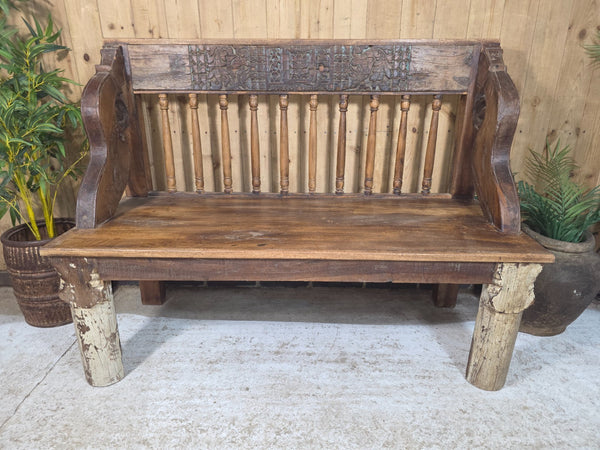 Vintage Reclaimed Indian Hand Carved  Solid Wooden Bench Seat