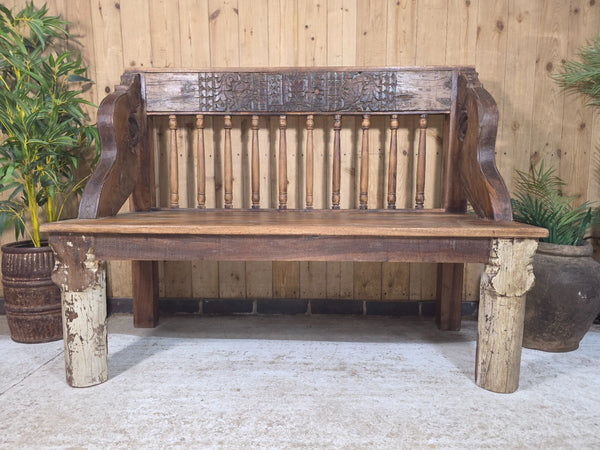 Vintage Reclaimed Indian Hand Carved  Solid Wooden Bench Seat