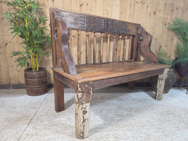 Vintage Reclaimed Indian Hand Carved  Solid Wooden Bench Seat