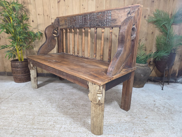 Vintage Reclaimed Indian Hand Carved  Solid Wooden Bench Seat